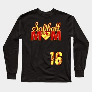 Softball Mom #16 Softball Jersey Favorite Player Biggest Fan Heart Sixteen Long Sleeve T-Shirt